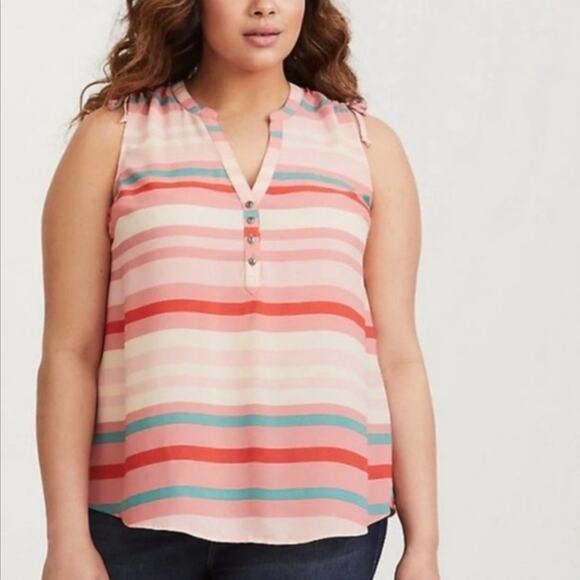 Torrid Sleeveless Blouse Womens 2XL Pink Striped V-Neck Henley Chiffon Tank Top - Picture 1 of 10